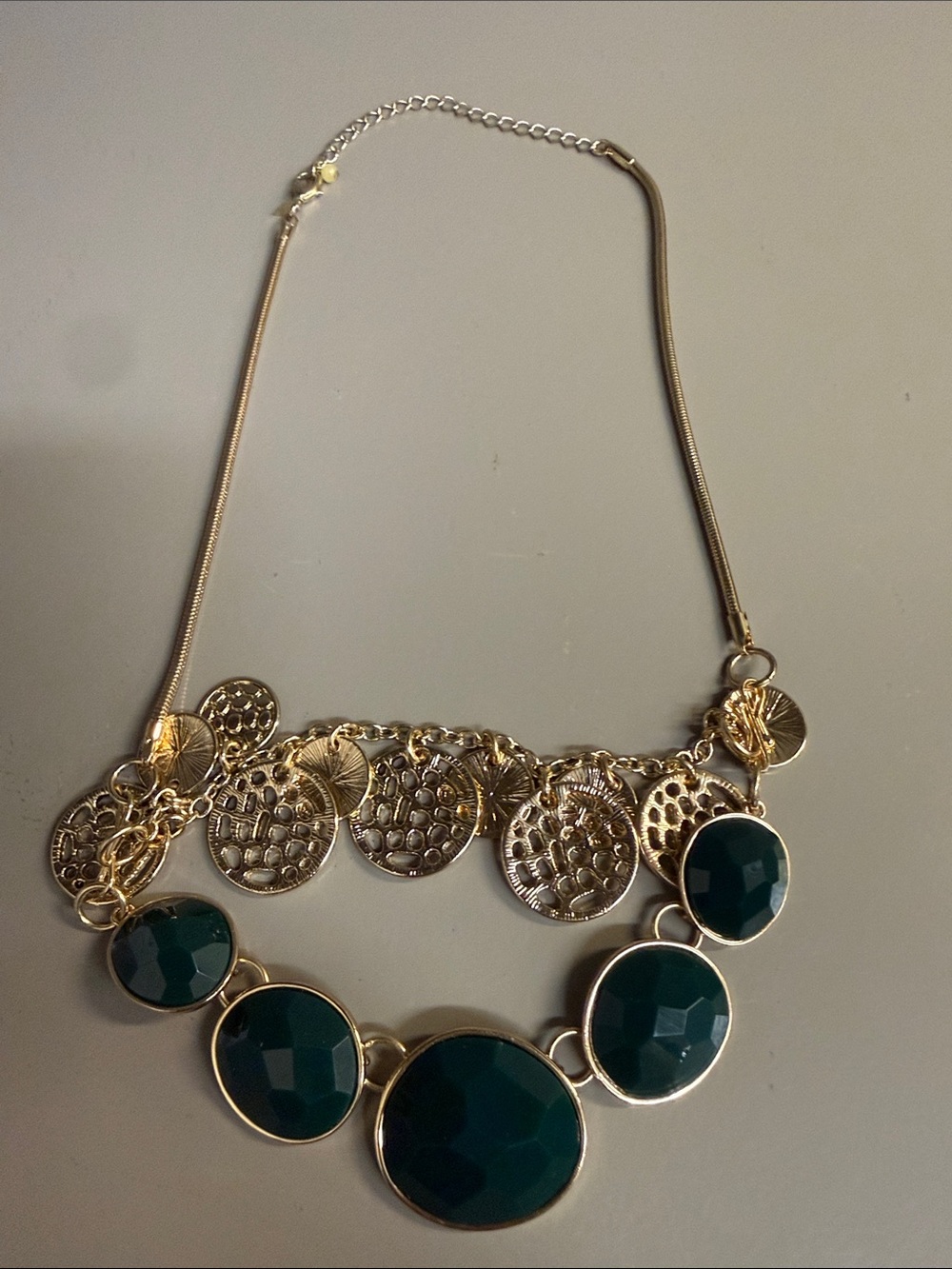 Avon Gold-Tone Necklace Style Swap Green Scene with Dark Green Faceted Cabochons